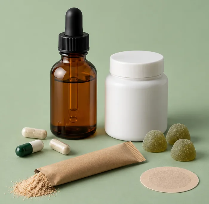 Supplement forms side by side: dropper bottle, capsule jar, capsules, gummies, a drink powder sachet and a skin patch